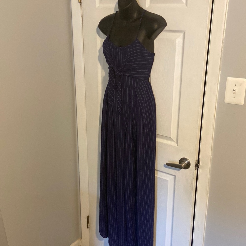 Womens blue pinstripe wide leg jumpsuit with cutout back size small